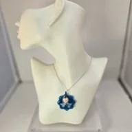 Blue and white swirl “Pink heart” round necklace